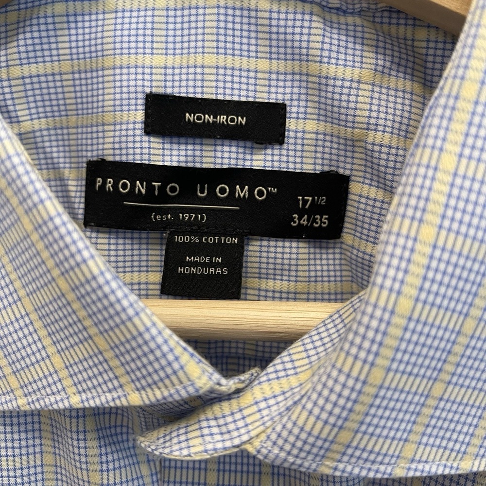 Pronto Uomo Yellow & Blue‎ Grid Plaid Cotton Long Sleeve Shirt 17.5 x 34/35 - Picture 3 of 5
